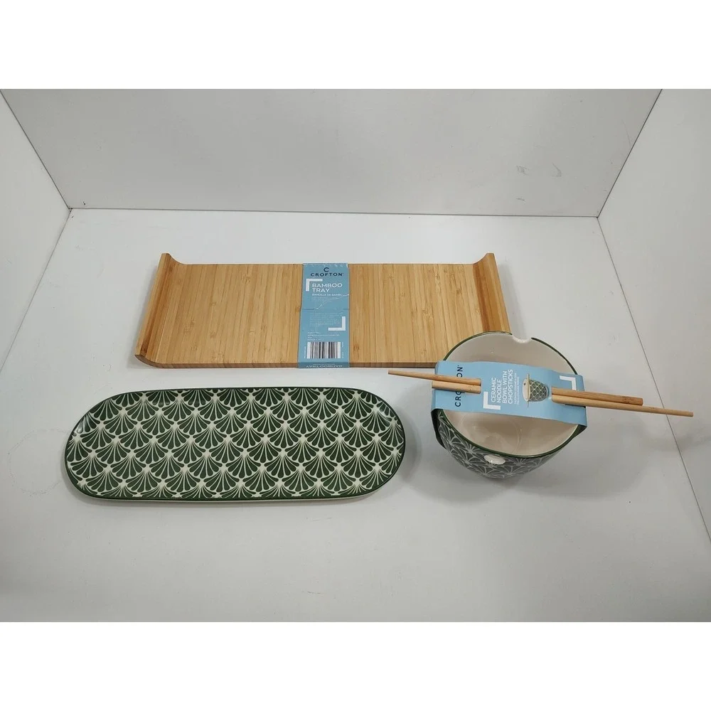 Crofton Stoneware Large Noodle‎ Bowl With Chopstick Holders+Tray+Bamboo Tray.